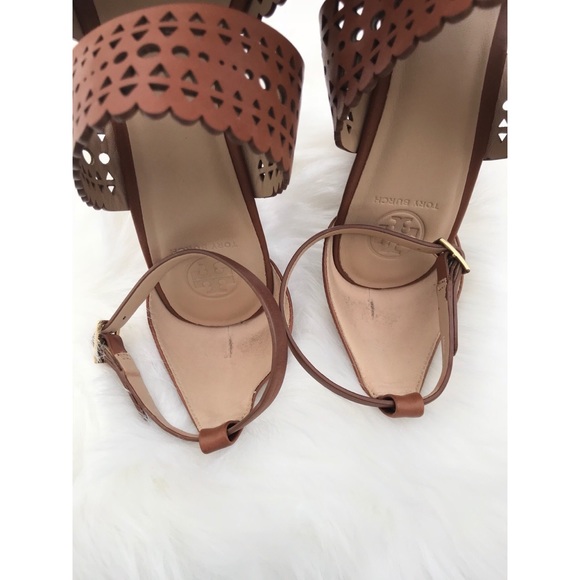 Tory Burch Perforated Brown Leather Wedge Sandals - Picture 6 of 8